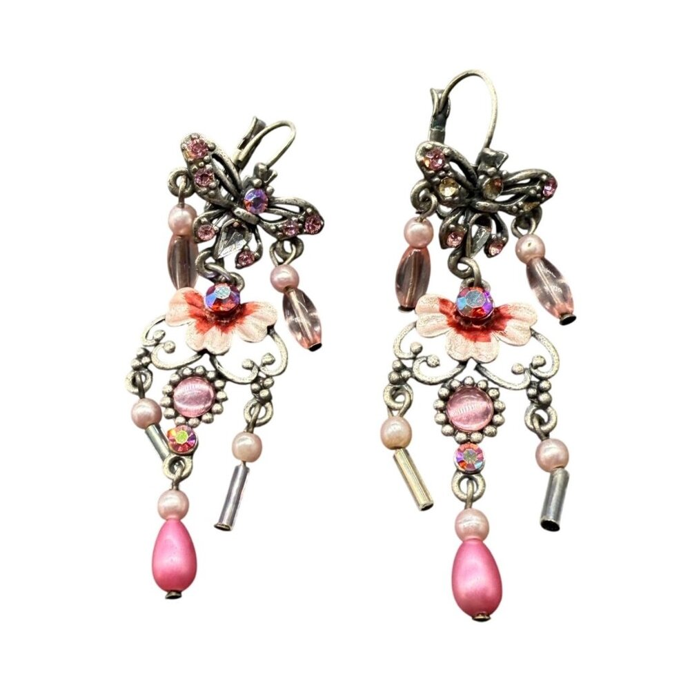 Pink Crystal Beaded Rhinestone Whimsical Floral Butterfly Earrings Silver Tone